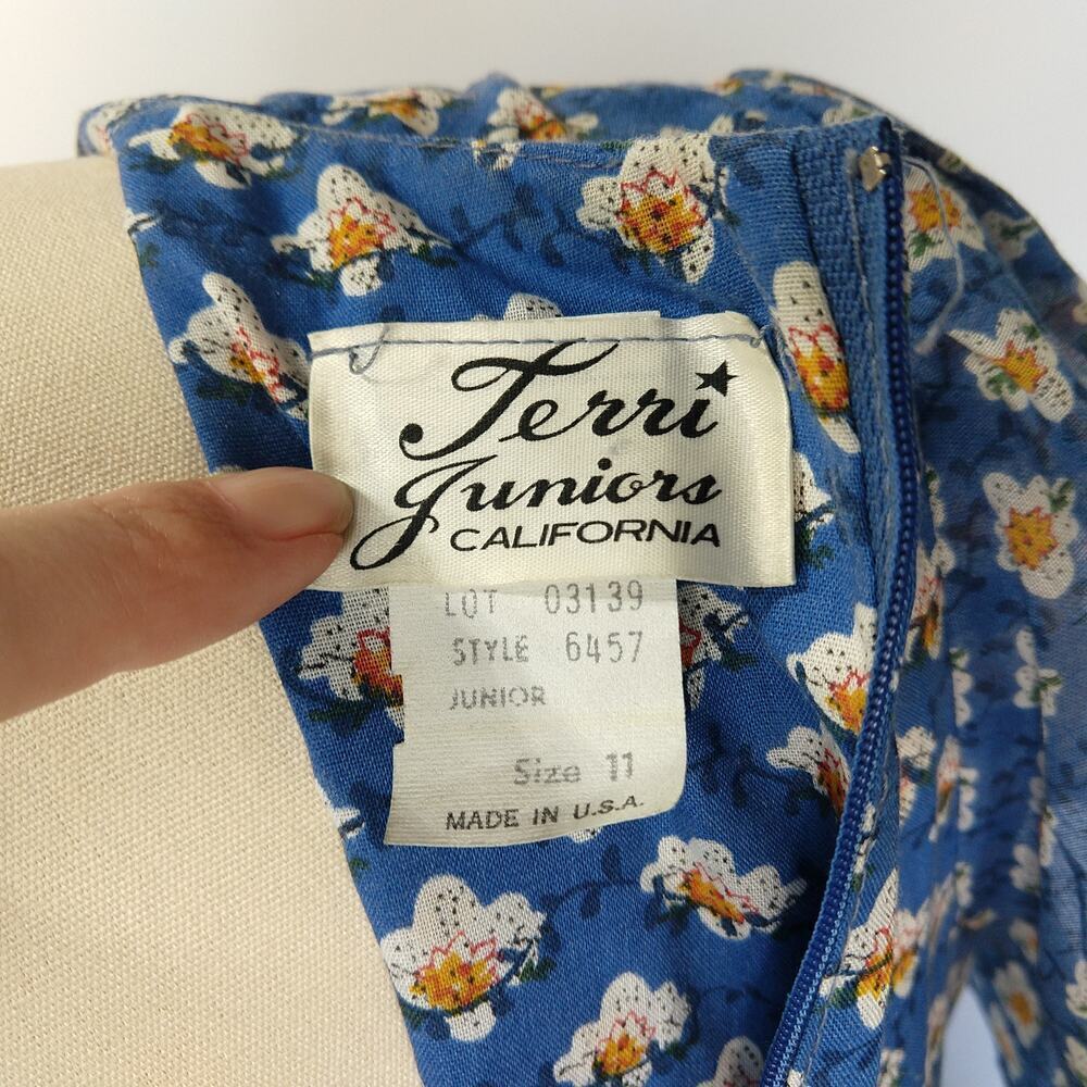 Vintage 70s Prairie Maxi Dress Size M 11 Blue Floral Calico Tiered Terri Juniors - Picture 11 of 12